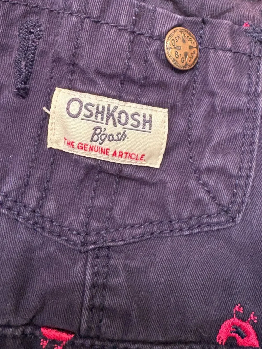 OshKosh B'gosh Blue Overalls Pink Bird Embroidered Snap Leg size 18 months